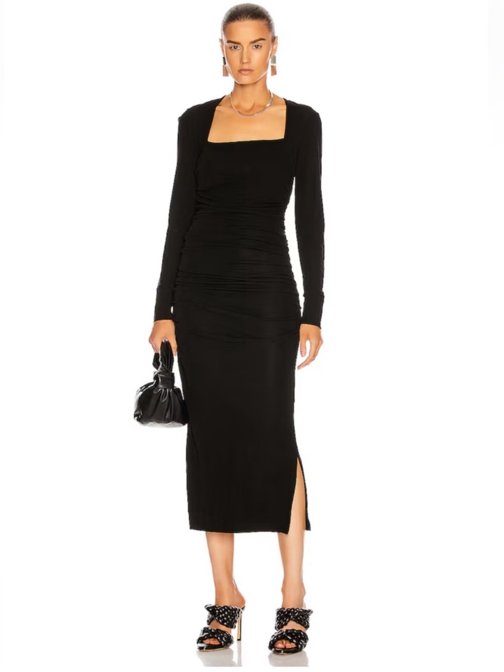 Ganni Long Sleeve Black Square Neck Midi Dress